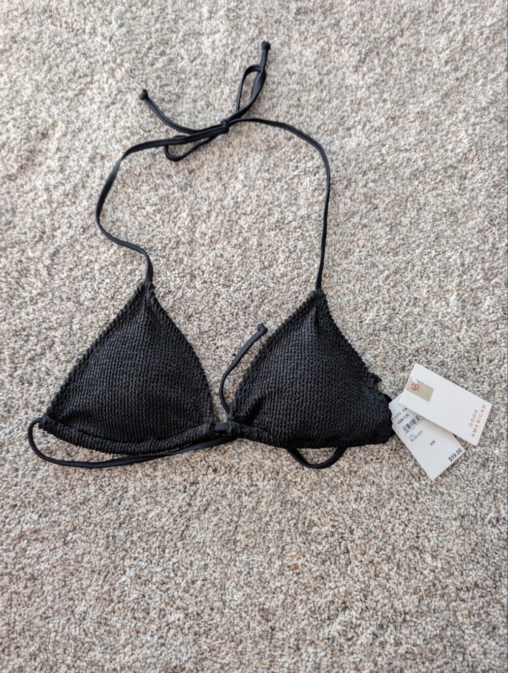 NWT Good American Always Fits Triangle Bikini Top Black Crinkle S/M